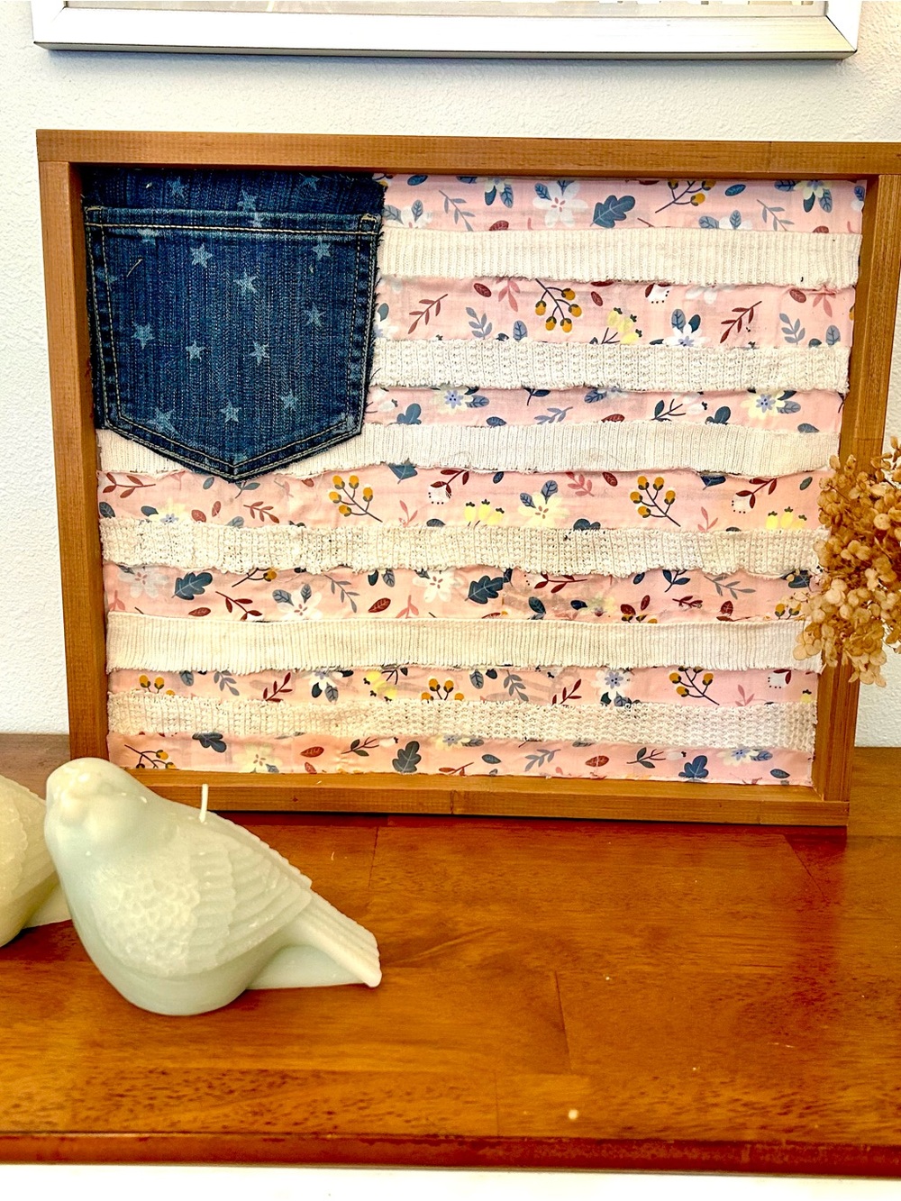 Handmade Floral Ribbon Wall Art with Denim Pocket